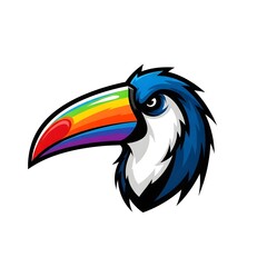 Fototapeta premium Close up of a toucan's head with a rainbow beak against a white background in a graphic illustration style