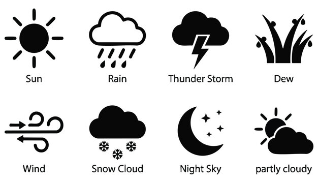 Weather flat icons set. Sun, rain, thunder storm, dew, wind, snow cloud, night sky black minimal vector illustrations. Simple glyph silhouette signs for web, forecast app