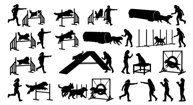 Dog Agility Training Silhouettes, Canine Obstacle Course Vector Set, Pet Sports Competition Icons, Animal Obedience Training Graphics