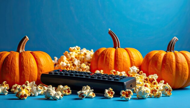 Pumpkins, popcorn, and a remote control set the scene for a cozy autumn movie night.