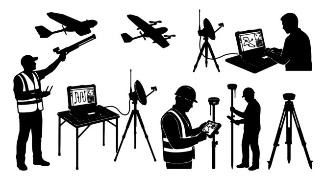 Drone Surveying Equipment and Technology, Aerial Mapping Tools, Geodetic Surveying Instruments, Precision Measurement Devices, Vector Silhouettes for Technology and Engineering