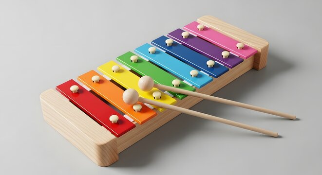 Colorful xylophone with wooden mallets on a neutral background for children's music education