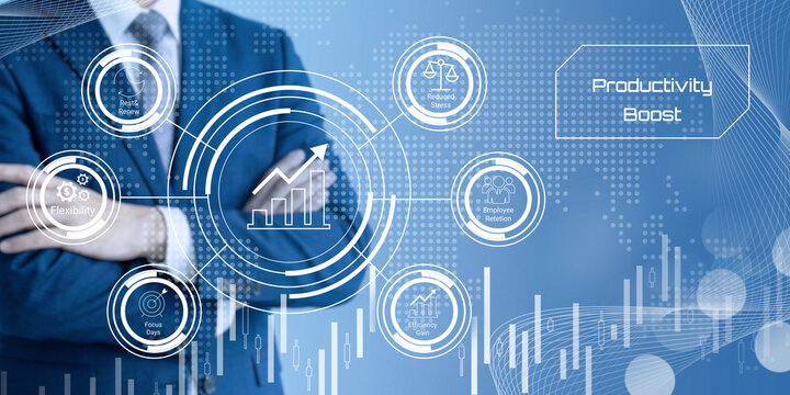 Professional using digital tools to enhance workplace productivity with connected icons and growth charts