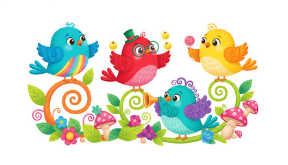Obraz premium Cute birds with colorful feathers on a whimsical branch during springtime