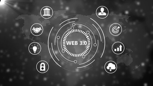 Web 3.0 technology concept with digital map and business futuristic network connectivity and decentralized internet interface animation