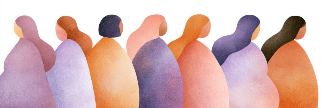 Diverse abstract female forms stand together in a wide illustration, conveying body positivity and wellness with a focus on PCOS in warm colors.