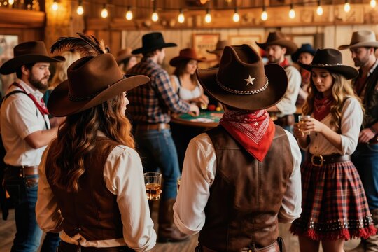 People in cowboy outfits gather in a rustic saloon. Friends play cards and socialize over drinks. Festive atmosphere fills the western-themed bar with laughter and music.