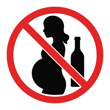 Pregnant woman and bottle prohibition sign no alcohol during pregnancy black silhouette