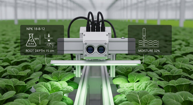Smart farming robot monitoring green crops in greenhouse, automated agricultural technology with digital data overlay, precision agriculture system