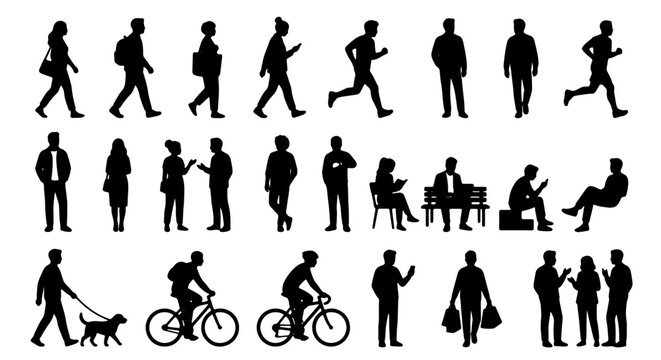 Diverse Human Silhouettes Collection, Vector Icons for Lifestyle and Business Graphics, Black and White Figures in Motion and Static Poses
