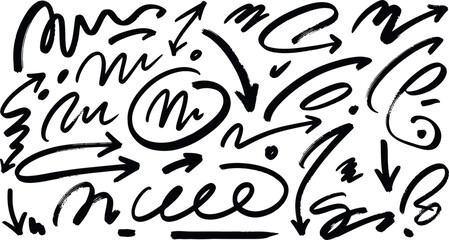 Fototapeta premium Hand drawn arrows and strokes in black on white background for graphic design