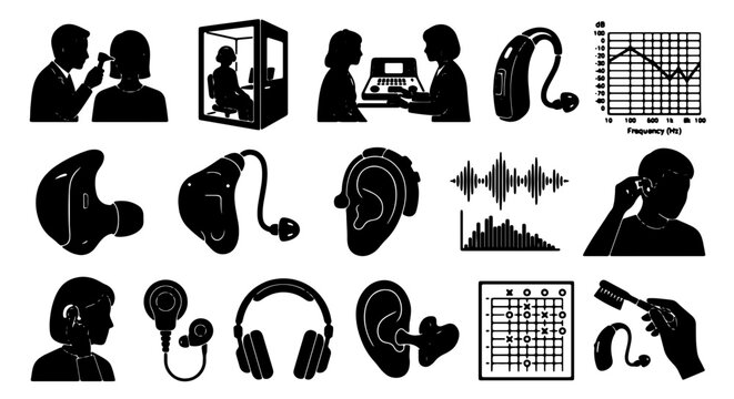 Hearing Aid Technology, Audiology Equipment, and Sound Wave Icons: Medical Devices, Diagnostics, and Audio Waveform Graphics