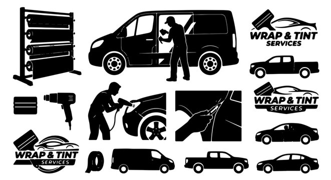 Car Wrap and Tinting Services Vector Icons: Van, Truck, Sedan, Tools, and Logo Elements for Automotive Customization and Repair