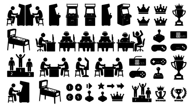 Retro Arcade Game Icons, Vintage Gaming Machine Silhouettes, Classic Pinball Machine Graphics, Digital Entertainment Symbols, 25 Vector Elements