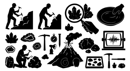 Geology Icons Set: Mining, Volcano, Crystals, Fossils, Seismograph, Tools, Vector Illustrations for Earth Science and Exploration © Abir