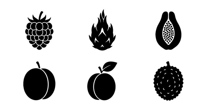 Six Black Silhouette Fruit Icons: Raspberry, Dragon Fruit, Papaya, Plum, Peach, Lychee. Vector Graphics for Healthy Food and Diet Concepts.