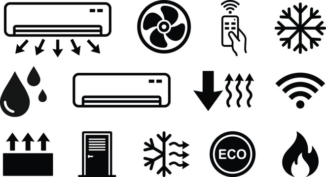 Air Conditioner and HVAC Icon Set with Cooling Fan Remote Control Temperature Adjustment and Climate Control Symbols Vector Illustration
