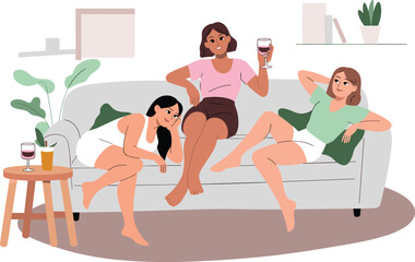 Obraz premium Women friends relaxing on sofa vector illustration, happy female group drinking wine at home