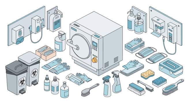 Isometric illustration of a sterile processing department with autoclaves, cleaning supplies, personal protective equipment, and waste disposal bins.