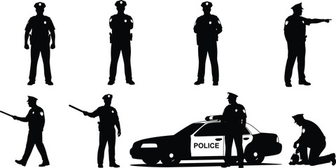 Police Officer Silhouette Set with Patrol Security Actions Traffic Control and Law Enforcement Duty Scene Vector Collection © Arifa