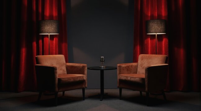 Podcast studio setup with two armchairs, vintage microphone on small table. Dark red curtains frame empty room. Interior design concept for interviews discussions. Generative AI created scene offers