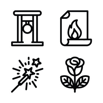 Set of four outline line art icons including a guillotine fire rose and sparkler