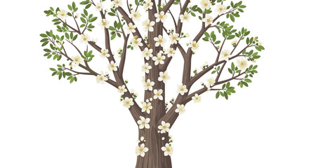 Fototapeta premium Detailed view of tree branches blooming with many small white flowers and green leaves is presented on a clean white background.