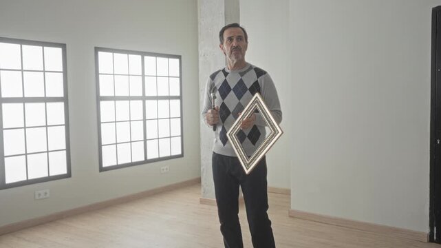 Man holds hammer and diamond picture frame in hand while looking up at a wall in an empty building; contemplation home repair.