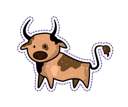 Vector illustration of a cute horned brown bull or cow standing full length. Cute cartoon sticker icon with a dashed cut line isolated on a white background.