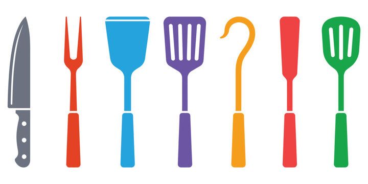 Collection of kitchen utensils and cooking tools silhouettes on white background with a vibrant coll