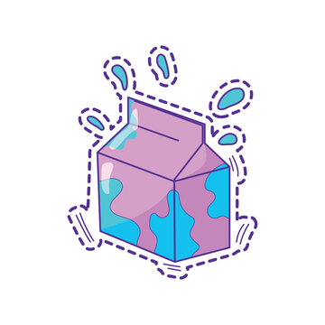 Vector illustration of a pink and blue cow print milk carton box with flying liquid splashes. Cute cartoon sticker icon with a dashed cut line isolated on a white background.