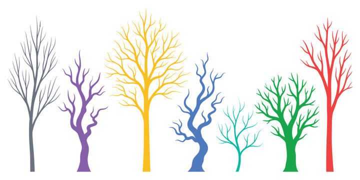 Collection of colorful stylized bare trees and branches silhouettes with silhouette, colorful