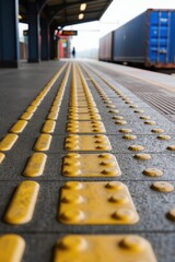 Fototapeta premium Tactile warning surfaces guide visually impaired people on train station platform edges. Yellow raised patterns indicate danger spots for safety, preventing falls near tracks.