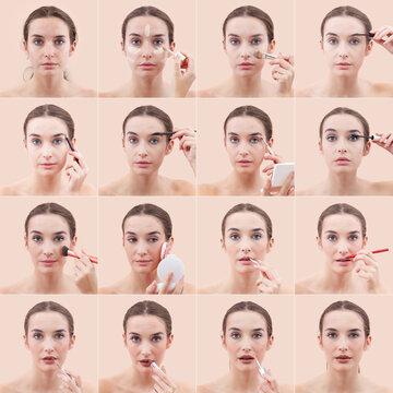 Step by step makeup tutorial grid of a woman applying cosmetics