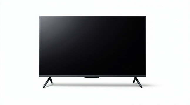 Modern black television set isolated on white background. This screen displays a blank, dark surface, perfect for digital media or product mockups. Sleek design fits any room.