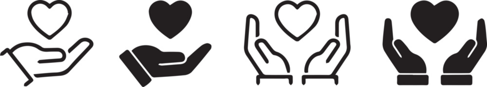 four hands holding heart icons set in solid and outline flat black style symbolizing care love protection charity donation wellness and compassion for healthcare nonprofit and social cause design on w
