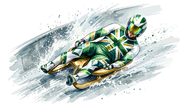 British athlete in green and white bobsleigh racing suit speeding down icy track