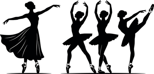 Graceful Ballet Dancer Silhouettes in Elegant Poses and Long Dresses for Theater Posters Classical Performance Stage Design and Studio Graphic Art © DabashChandra