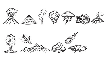 Natural Disasters, Geology Icons, Volcano Eruption, Earthquake, Meteorite, Landslide, Tsunami, Storm, Flood, Wildfire, Vector Illustrations © Rosie