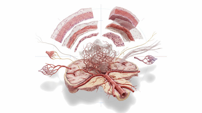 Close-up Of Brain Anatomy With Blood Vessels And Lesion