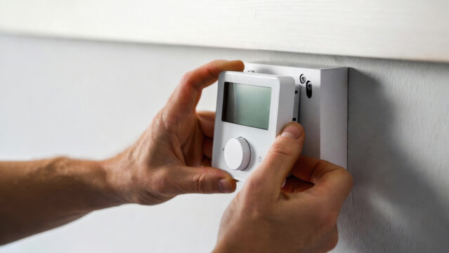 Closeup of hands mounting a digital smart thermostat on a wall, showcasing home automation, energy efficiency, and modern climate control technology.