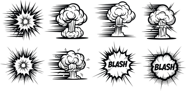 Comic-style explosion black and white, with motion lines and blash text blast