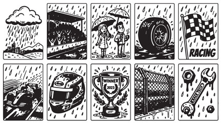Fototapeta premium Racing, motorsport, speedway icons, black and white, 9 elements, vector graphics