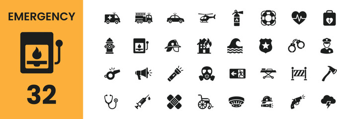 Emergency icons set including medical fire police and disaster response symbols © Shakera
