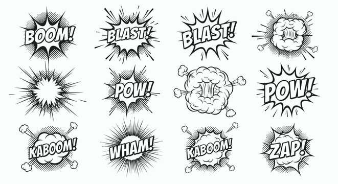 Comic book explosion sound effects, black and white boom