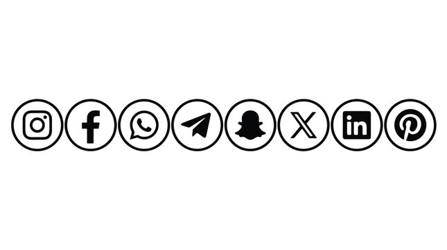 Set of popular social media and messaging icons 2025 in black and white style. Instagram, Facebook, WhatsApp, Telegram, Snapchat, X, LinkedIn, and Pinterest logos for web and app UI design elements.