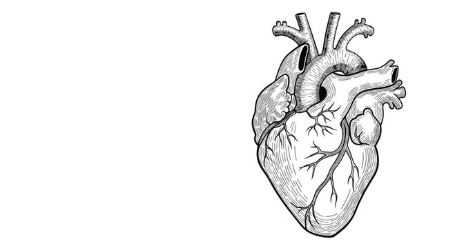 Detailed anatomical sketch of a human heart showing major arteries and veins in a vintage woodcut engraving style.