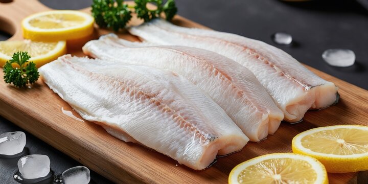 Three raw swai fish fillets lie on a wood cutting board with lemon slices and parsley garnish. Ice cubes nearby suggest freshness and chilled preparation for a healthy meal.
