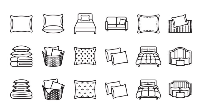 Laundry, linens, and bedding icons, 20 black and white line art illustrations, vector graphics