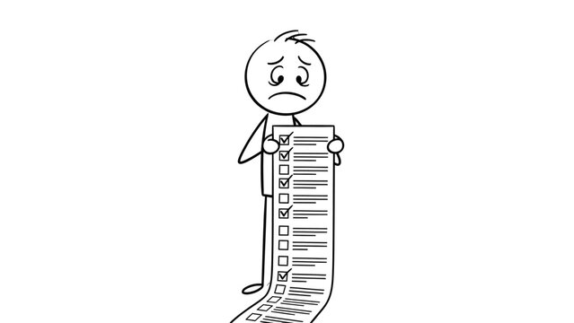 Overwhelmed stick figure looking sad, holding a long checklist with many unchecked tasks, representing stress from too much to do, isolated white background.